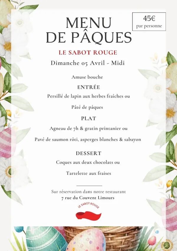 Menu de Pâques 2026
